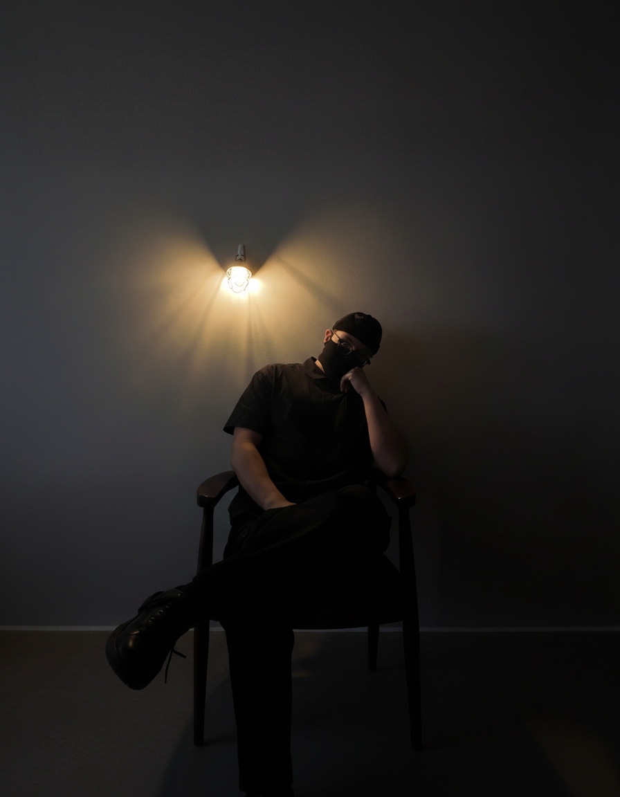 MAKETH seated in chair under single warm light
